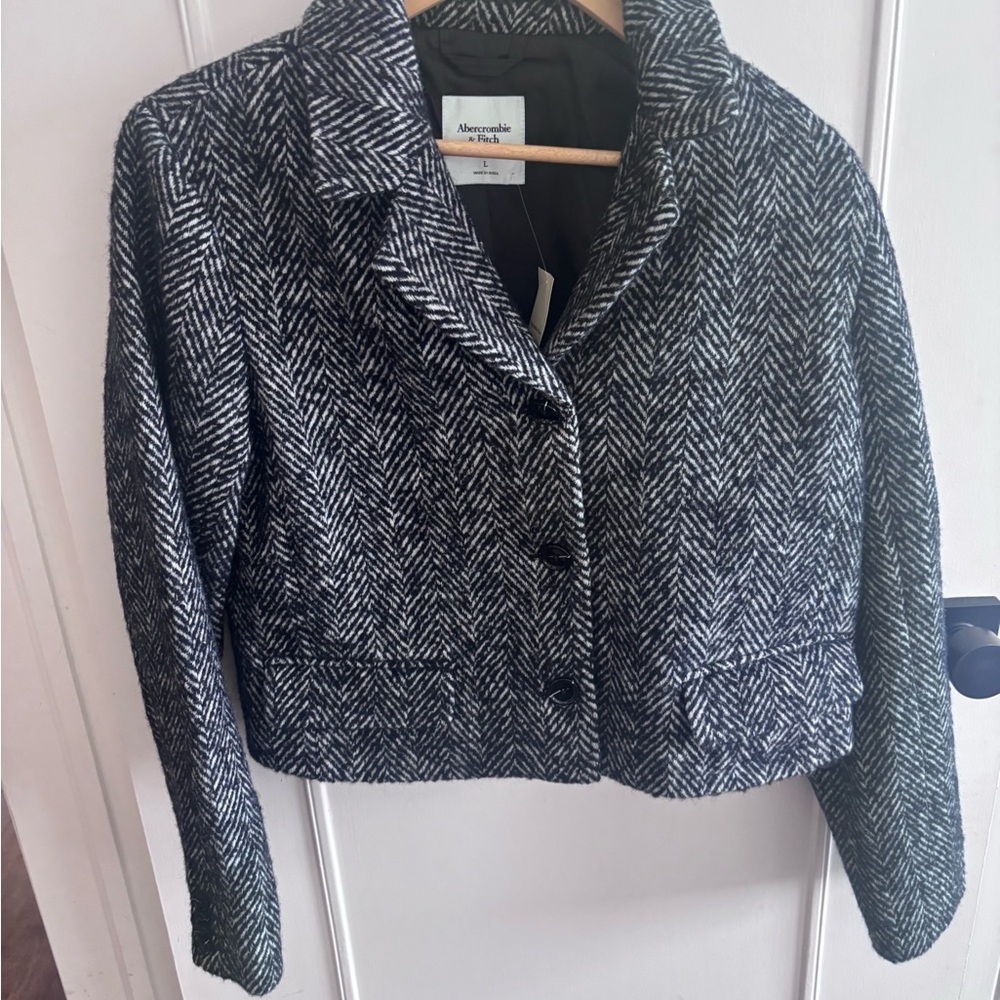 Abercrombie Cropped Wool-Blend Blazer Coat - Black Herringbone - L